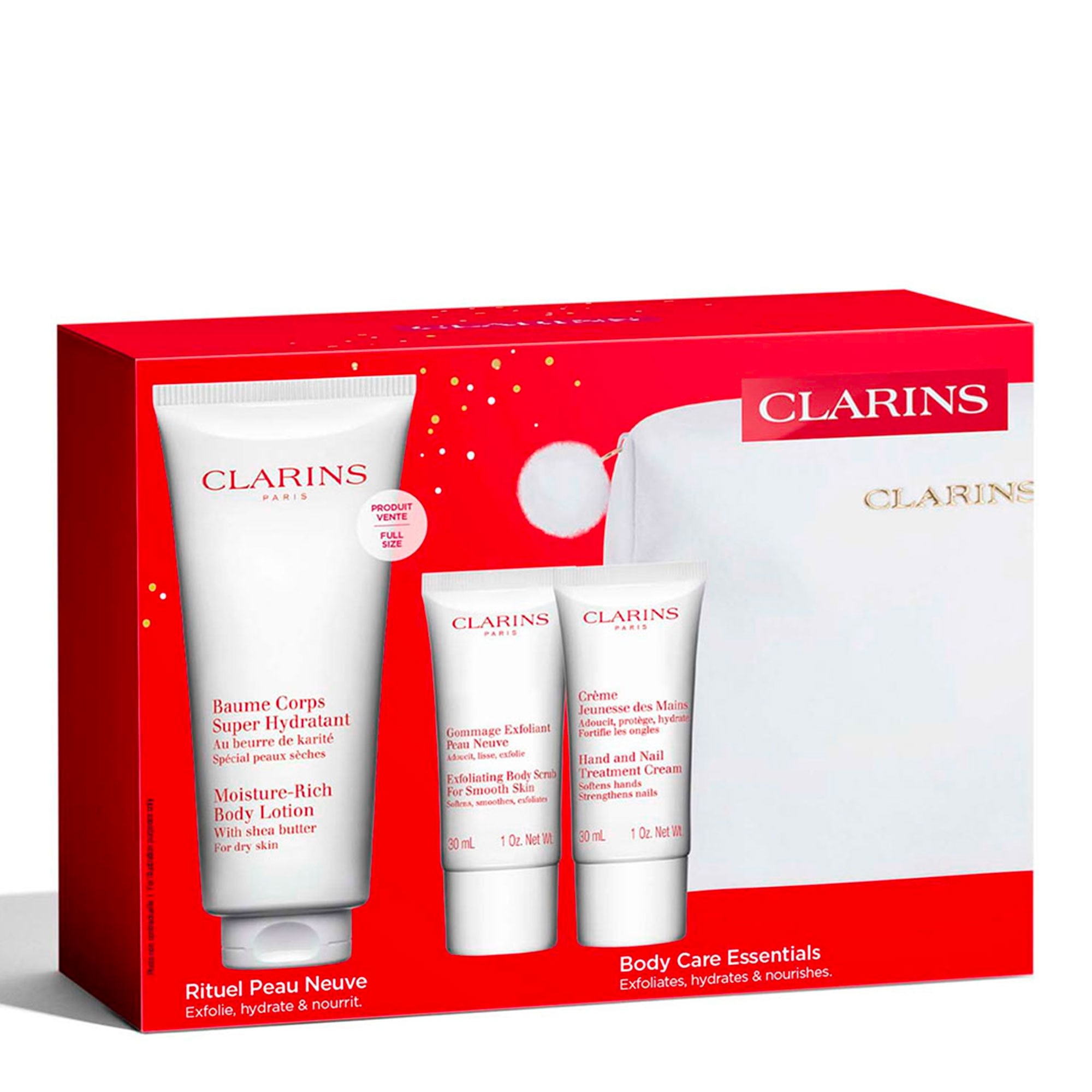 Coffret baume corps super hydratant +  gommage exfoliant + crème jeunesse des mains + trousse