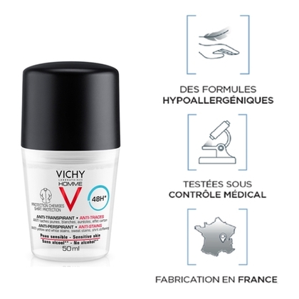 50mL VICHY HOMME V Déodorant 48H efficacité anti-transpirante et anti-traces peau sensibles - lot de 2  1 of 4 