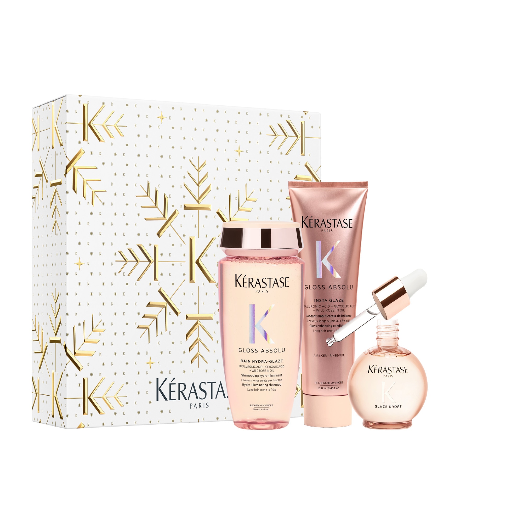 KÉRASTASE GLOSS ABSOLU Coffret - bain hydra-glazing + fondant insta glaze + huile glaze drops 1 of 1 Coffret - bain hydra-glazing + fondant insta glaze + huile glaze drops