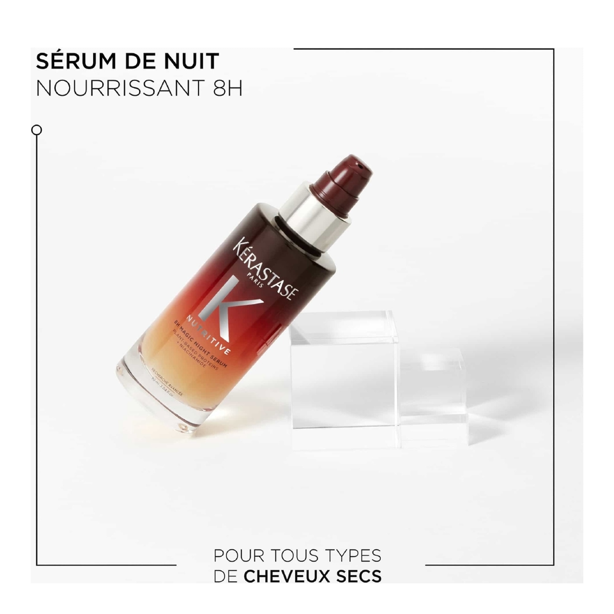 Sérum de nuit nourrissant 8h pour tous types de cheveux secs.