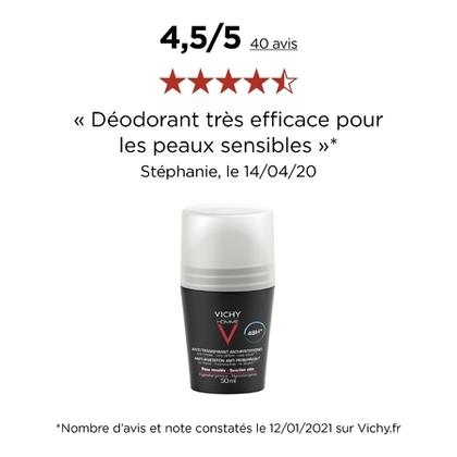 50mL VICHY HOMME V Déodorant 48H anti-transpiration anti-irritation peaux sensibles  1 of 4 