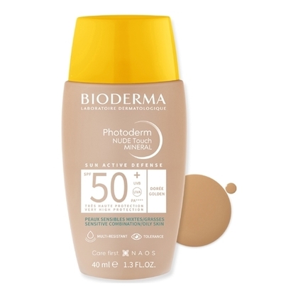 Fluide teinté doré, effet peau nue - peaux sensibles mixtes/grasses spf50+