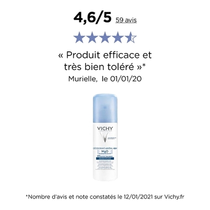 125ML VICHY V HYPOALLERGENIQUE Déodorant 48H minéral 0% d'alcool peau sensible  1 of 3 