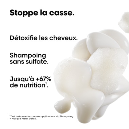 Shampooing anti-métal pour cheveux sensiblisés et cassants.
