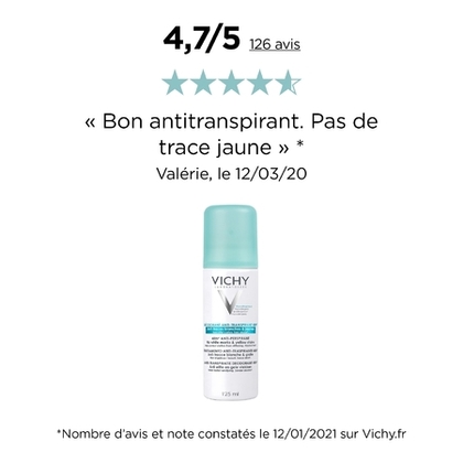 125ML VICHY V HYPOALLERGENIQUE Déodorant 48H anti-traces jaune Et blanches sans effet carton  1 of 4 