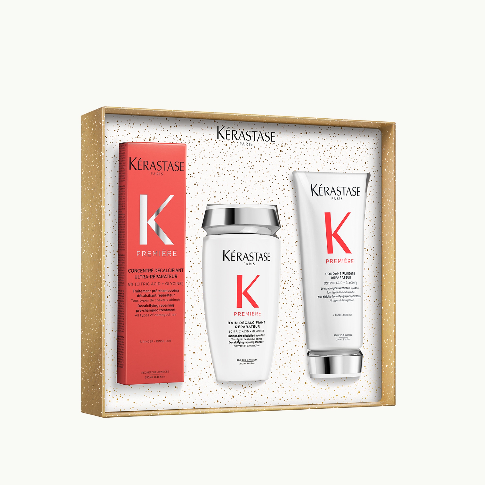 Coffret trio traitement pré-shampoing + shampoing + après-shampoing pour cheveux abîmés
