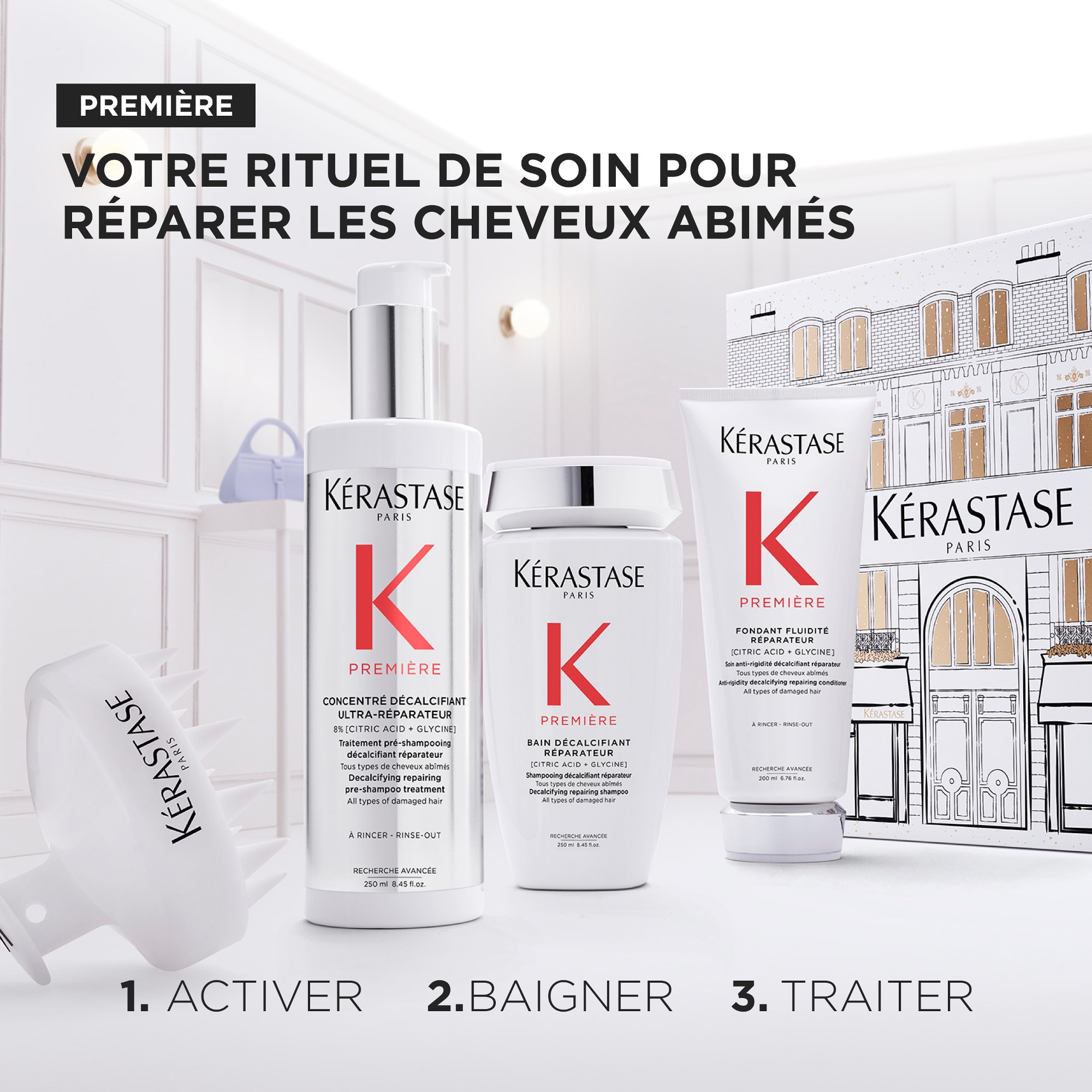 Coffret trio traitement pré-shampoing + shampoing + après-shampoing pour cheveux abîmés