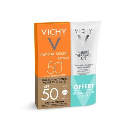 150mL VICHY CAPITAL SOLEIL Émulsion toucher sec spf50 + lait démaquillant 3-en-1 offert  1 of 1 