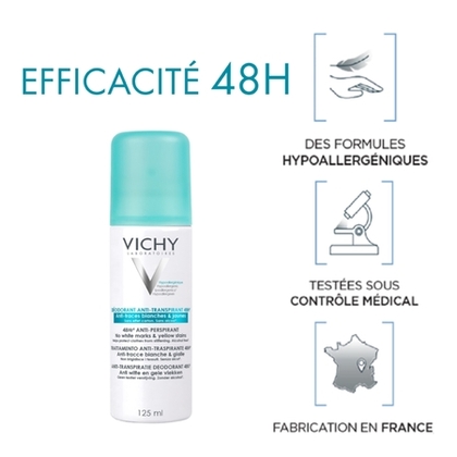 125ML VICHY V HYPOALLERGENIQUE Déodorant 48H anti-traces jaune Et blanches sans effet carton  1 of 4 