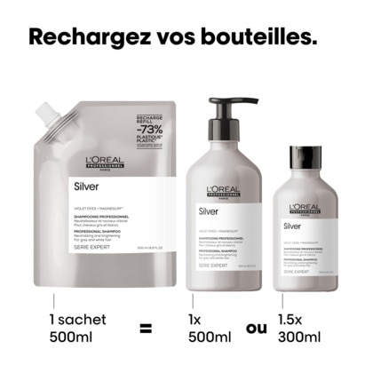 Shampooing déjaunissant pour cheveux gris et blancs.