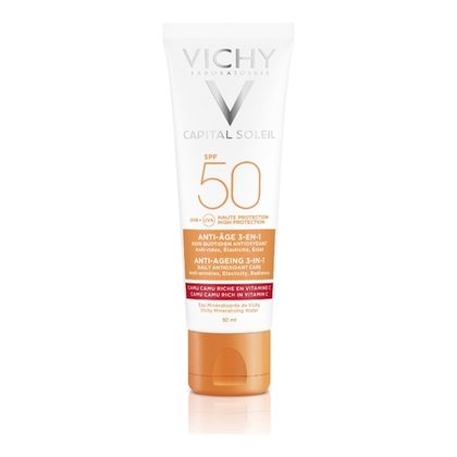 50ML VICHY IDEAL SOLEIL Anti-âge 3-en-1 soin quotidien antioxydant anti-rides et élasticité SPF50  1 of 4 