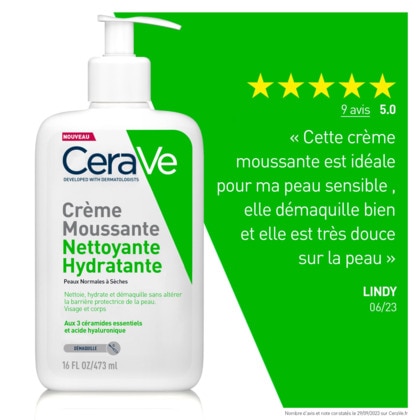 473ML CERAVE CERAVE Crème moussante nettoyante hydratante peaux normales à sèches  1 of 4 