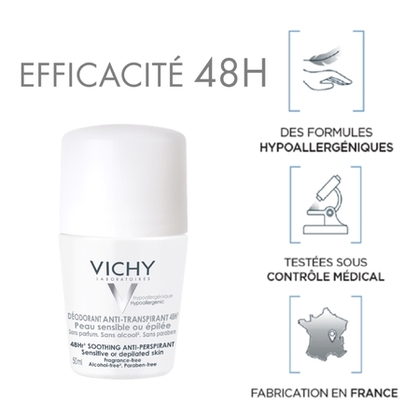 50ML VICHY V HYPOALLERGENIQUE Déodorant 48H anti transpiration peaux sensibles  1 of 4 