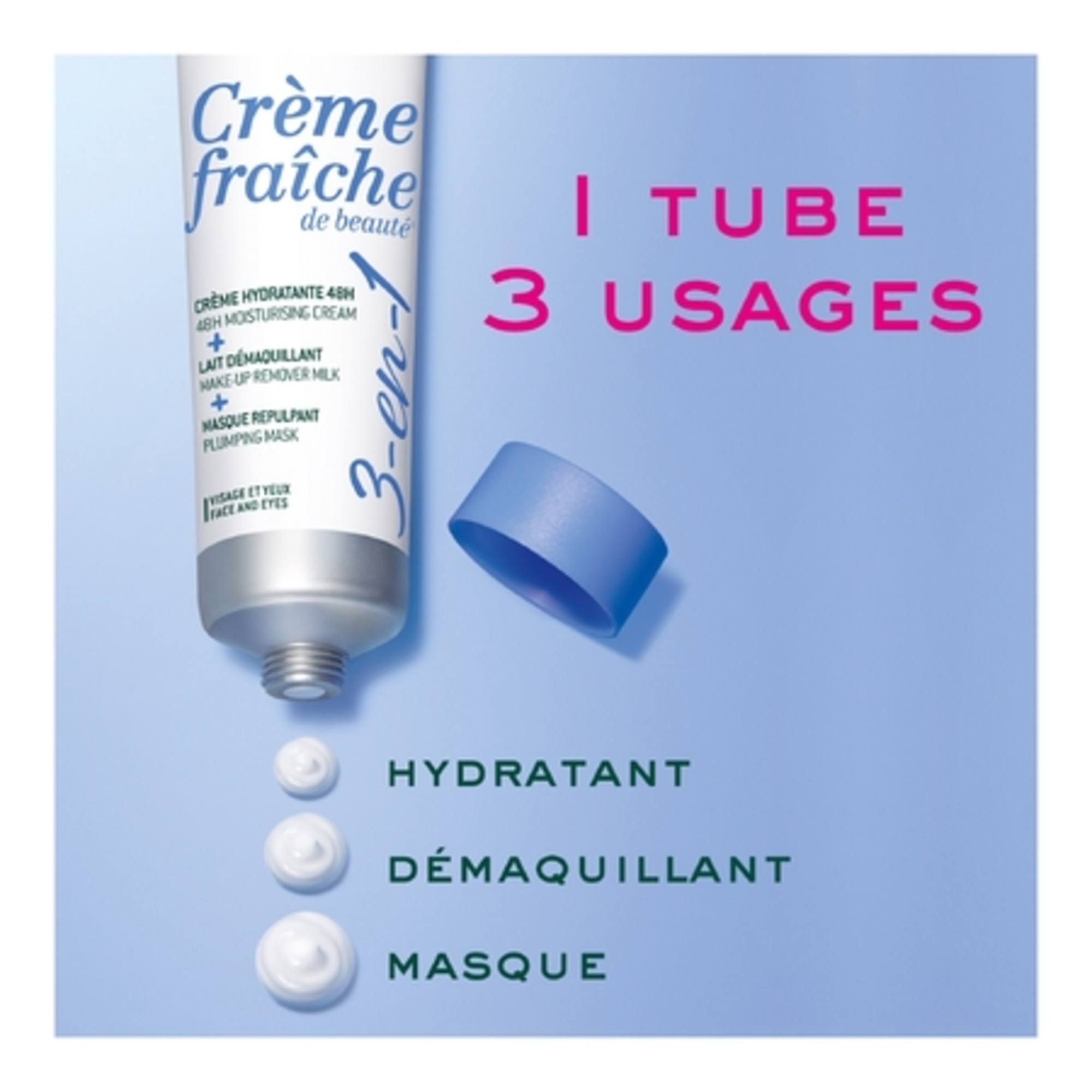 Crème 3-en-1 hydratante 48h + lait démaquillant + masque repulpant