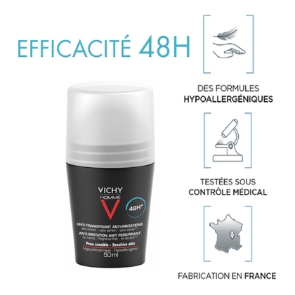 100ML VICHY HOMME V Déodorant 48H anti-transpiration anti-irritation peaux sensibles - lot de 2  1 of 4 