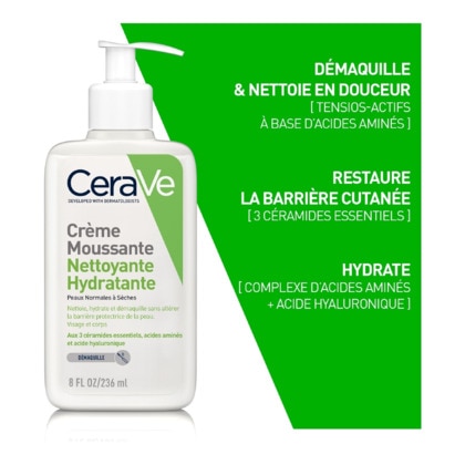 236ML CERAVE CRÈME MOUSSANTE NETTOYANTE HYDRATANTE Crème nettoyante visage peaux normales à sèches  1 of 4 