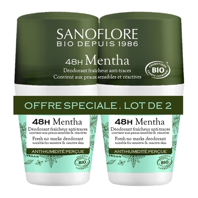 Sanoflore - Deodorants - Lot 2 Déodorants 48h Mentha Sans Sels D'aluminium Sans Alcool Certifié Bio - 50ml